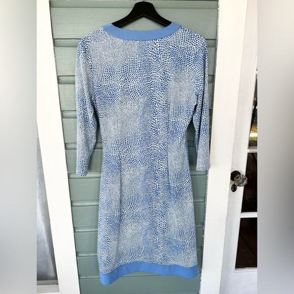 J. McLaughlin Catalina Cloth Blythe Dress faux wrap blue cream long sleeve large - Picture 5 of 7